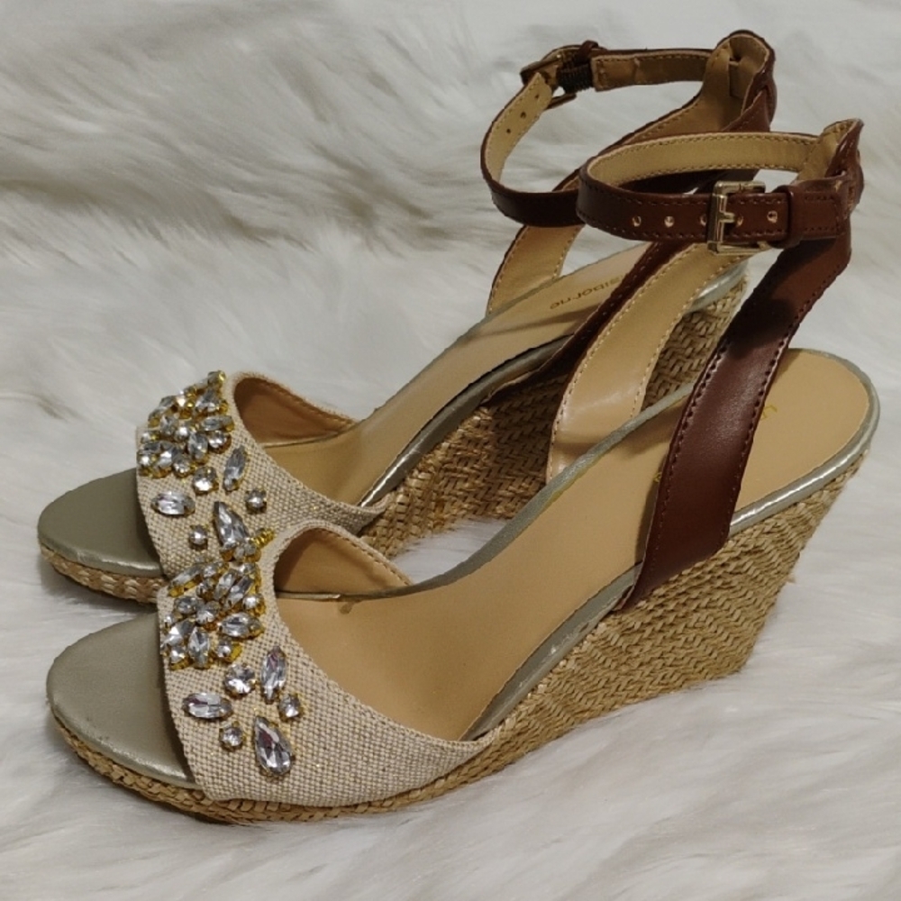 (#47) SALE! Liz Claiborne Brown & Cream Denim Wedge Ankle Strap Espadrilles